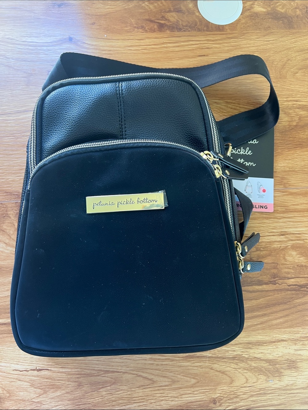Petunia Pickle Bottom Black Crossbody with Gold Plaque